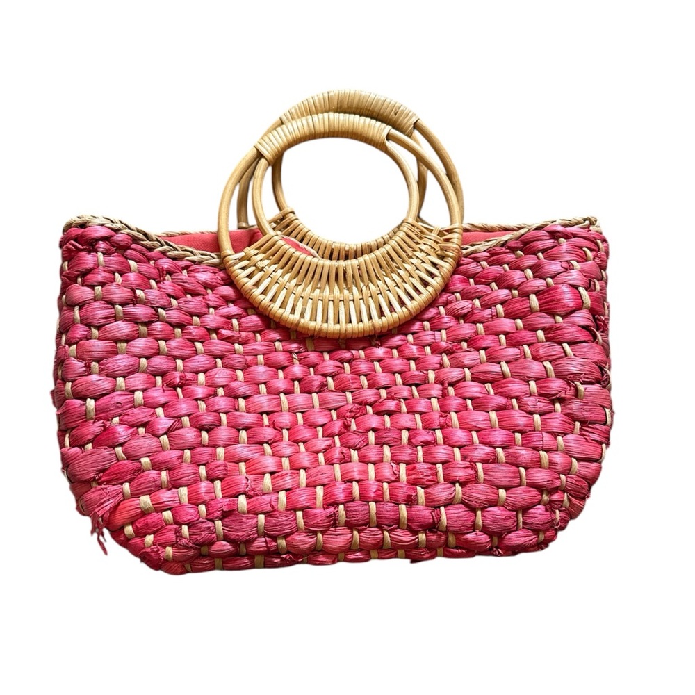 Free People Pink Woven Handbag with Bamboo Handles